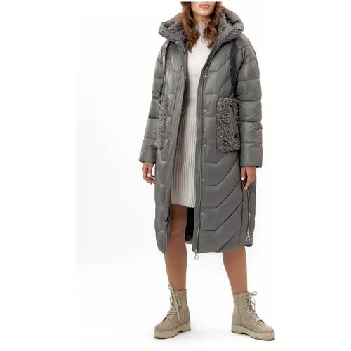 Пальто-халат  зимнее, силуэт прямой, удлиненное, размер 46, серый