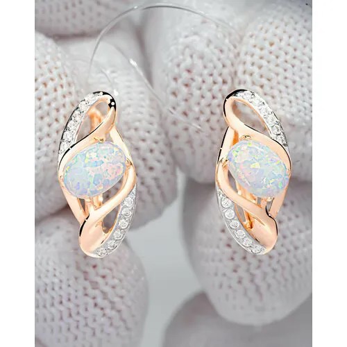 Серьги Trade Jewelry из серебра 925 пробы (покрытие золото 585) с белым опалом и фианитами