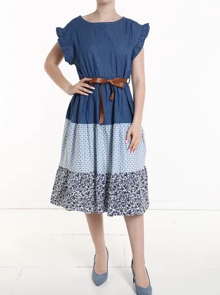 Джинсовое хлопковое платье длиной до колена с короткими рукавами, воланами и тканевым поясом, деним
