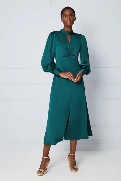 Атласное платье миди премиум-класса со сборками и пуговицами Wallis, зеленый