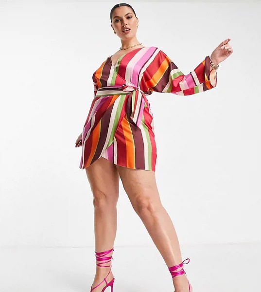 Платье мини с запахом и принтом в полоску в стиле 70-х ASOS DESIGN Curve-Разноцветный