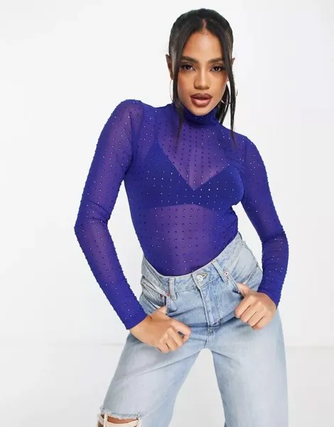 Синее сетчатое боди со стразами ASOS