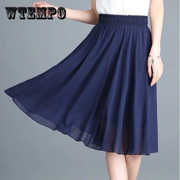 65cm женщин Винтаж Элегантный Цветочное платье High Waist A-line Шифон юбка средней длины взъерошенные шифоновой юбки