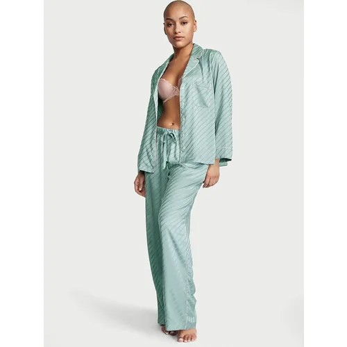Пижама Victoria's Secret, брюки, рубашка, длинный рукав, пояс на резинке, карманы, размер M Long, зеленый