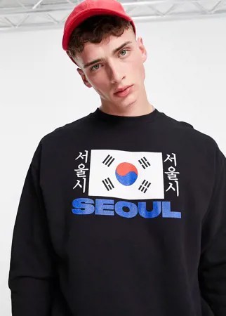 Черный свитшот в стиле oversized с принтом флага Сеула ASOS DESIGN-Черный цвет