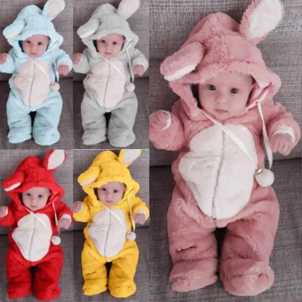 Младенец Мальчики Девочки 3D Кролик Ухо Флис Хлопок Ромпер Комбинезон Комбинезон Осень Зима Теплая одежда на 0,5-3 года