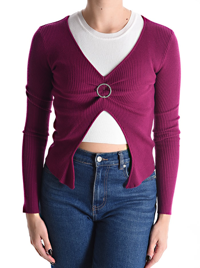 Рубчатый свитер с пряжкой и v-образным вырезом, бордо