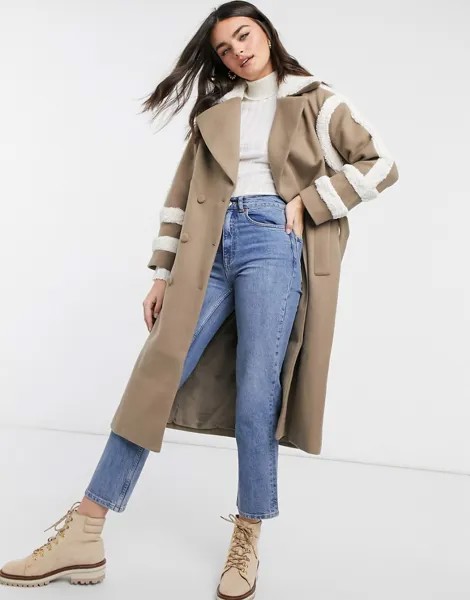 Тренч с отделкой из овечьей шерсти Fashion Union-Коричневый цвет