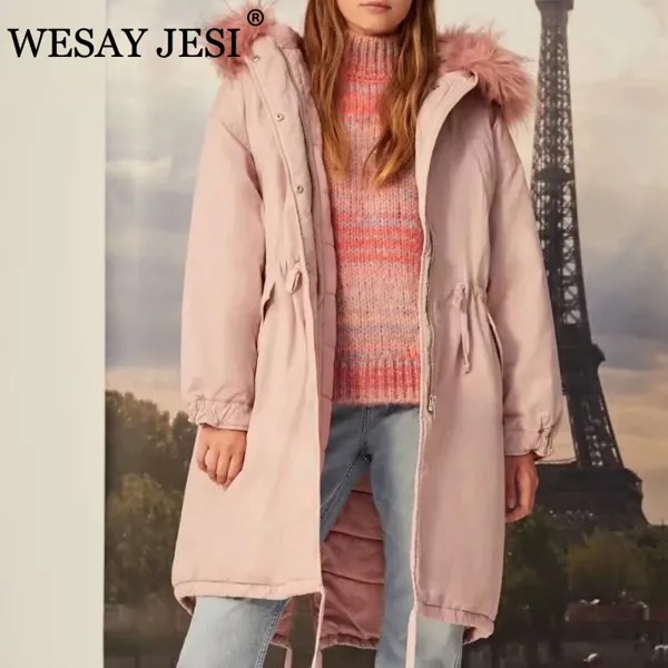 WESAY JESI ZA модная розовая Зимняя женская куртка с меховым воротником женские толстые парки с перьями пальто с капюшоном и длинным рукавом