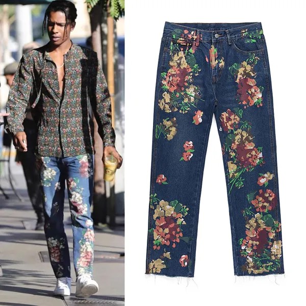 Джинсы Y2K мужские с цветочным принтом, прямые повседневные брюки оверсайз из денима в стиле ретро, свободные рваные джинсы с ручной росписью