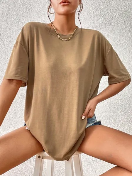 Футболка Shein с короткими рукавами и заниженными плечами, кофейный