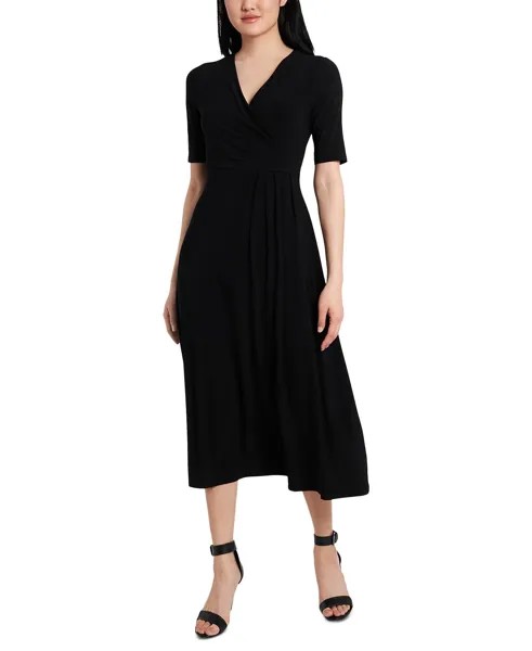 Миниатюрное платье миди с V-образным вырезом и короткими рукавами и искусственным запахом MSK, черный