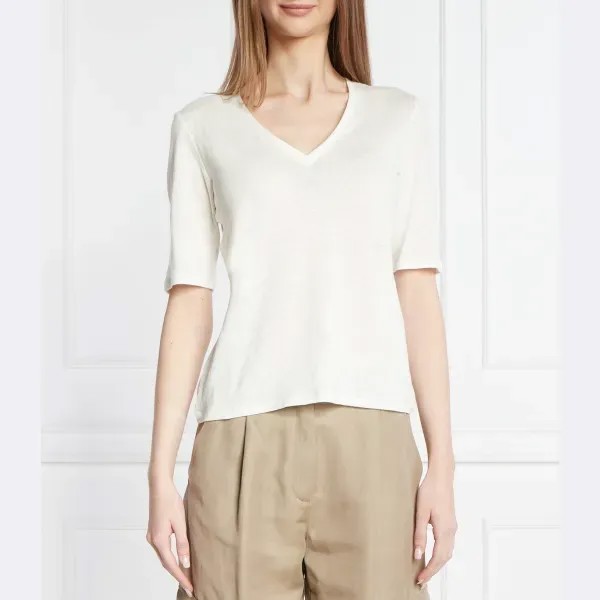 Коричневая льняная футболка стандартного кроя Max Mara, экрю
