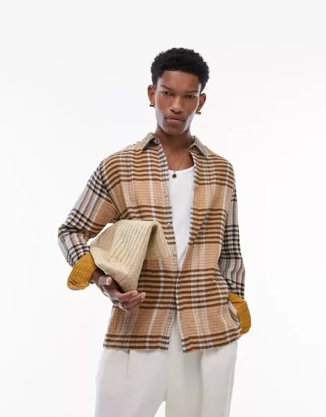 Структурированная рубашка свободного кроя с длинными рукавами Topman в оранжево-черную клетку
