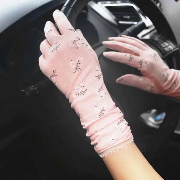 Новая мода Женская летняя хлопчатобумажная печать Цветочное кружево Край Дышащий нескользящий солнцезащитный защитный перчатки для вождения