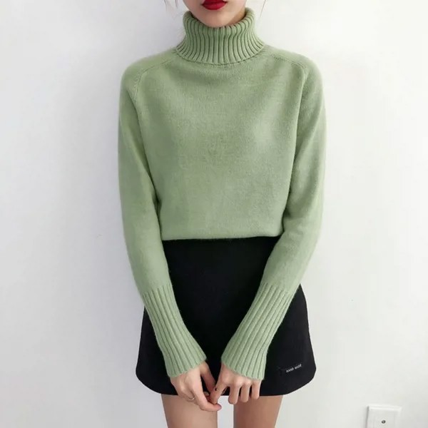 Кашемировый вязаный свитер для женщин, сезон осень-зима 2021, корейский пуловер с высоким воротником и длинным рукавом, женский джемпер, зелен...