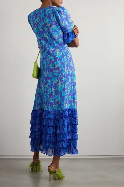 RIXO Ярусное платье макси Mari с оборками и шифоновой отделкой из вуали с цветочным принтом, синий