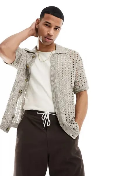 Рубашка-поло свободного кроя ASOS с каменной отделкой и планкой на пуговицах