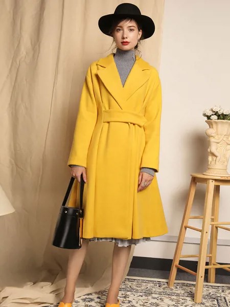 Milanoo Yellow Winter Coat Long Sleeve Notch Collar Women's Wool Coats