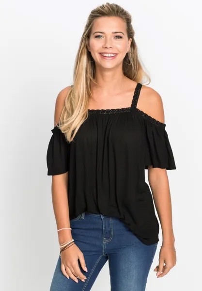 Блузка Cold-Shoulder-Mit Borte Angesagtes Mit Cut-Outs Und Borte An Den Schultern bonprix, черный
