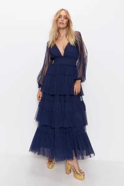 Многоярусное платье макси из тюля с открытыми плечами Warehouse, темно-синий