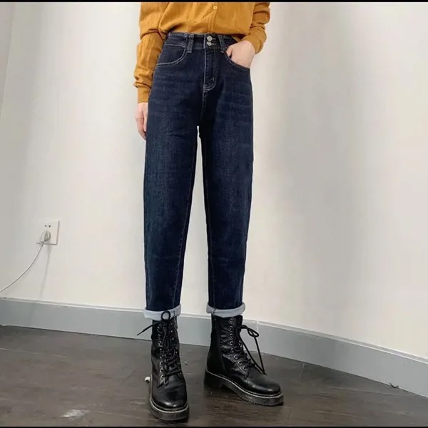 Женские джинсы с высокой талией, Осень-зима 2021, тонкие бархатные шаровары, Корейская версия, свободные и тонкие