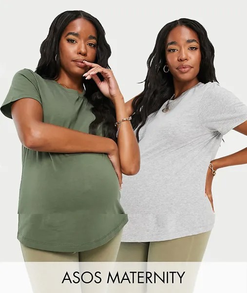 Набор из 2 футболок с круглым вырезом из смесового органического хлопка серого цвета и цвета хаки ASOS DESIGN Maternity-Разноцветный