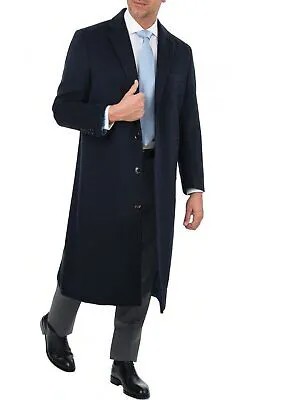 Мужское шерстяное кашемировое пальто стандартной посадки темно-синего цвета в полный рост, верхнее пальто
