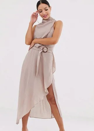 Фактурное платье миди с драпировкой и поясом ASOS DESIGN Tall-Neutral