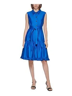 CALVIN KLEIN Женская синяя юбка-рубашка без рукавов с поясом и лифом на пуговицах 2