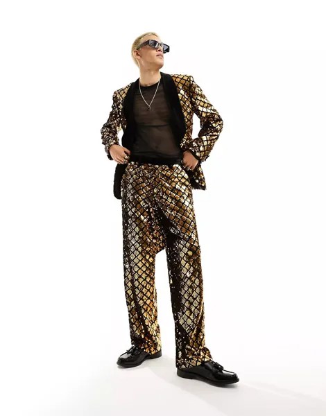 Брюки Asos Design Wide Suit In Diamond Sequin, черный, золотой