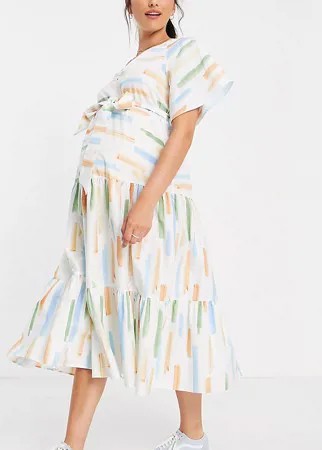 Ярусное платье миди из хлопкового поплина с абстрактным принтом и поясом ASOS DESIGN Maternity-Разноцветный
