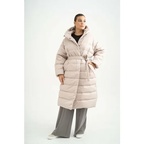 Куртка  Modress зимняя, силуэт свободный, капюшон, карманы, пояс/ремень, размер 50, бежевый