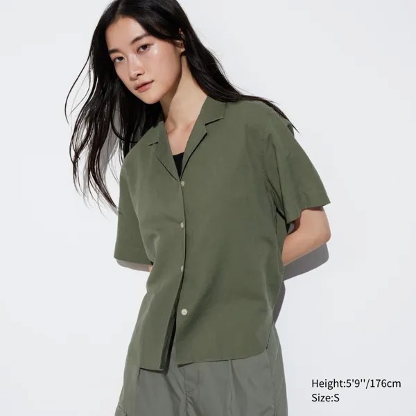 Рубашка UNIQLO льняная, оливковый