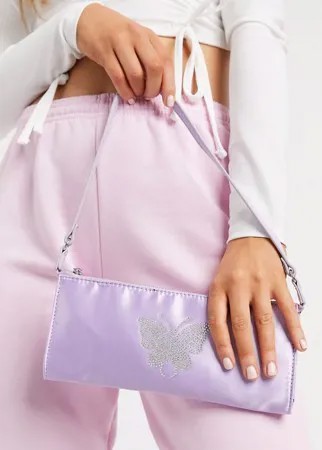 Плоская удлиненная сумка сиреневого цвета на плечо в стиле 90-х с бабочкой в стиле горячей фиксации ASOS DESIGN-Фиолетовый цвет