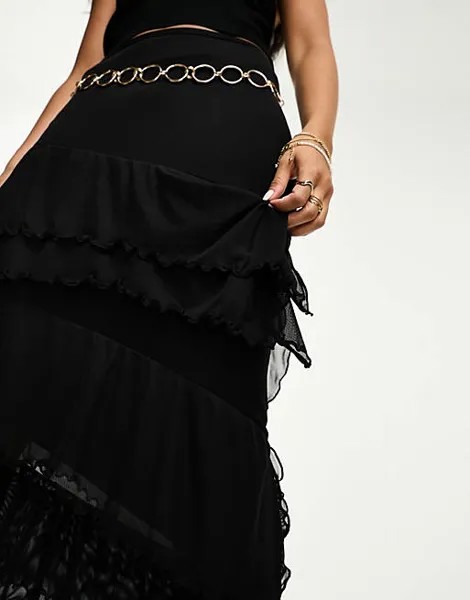 Черная юбка миди с оборками и комбинированной сеткой Monki