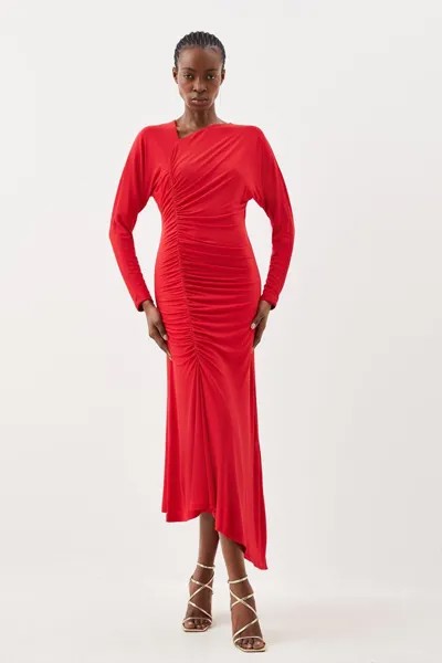 Платье макси из крепа из джерси со сборками и длинными рукавами Karen Millen, красный