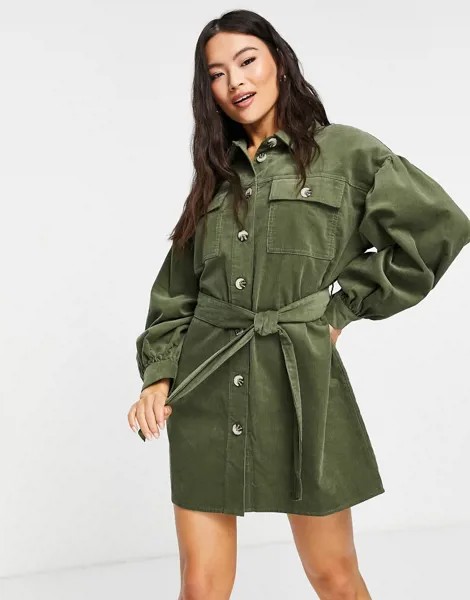 Вельветовое платье-рубашка мини цвета хаки ASOS DESIGN-Зеленый цвет