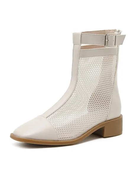 Milanoo Apricot Summer Boots Square Toe Buckle Artwork Mesh PU Leather Booties