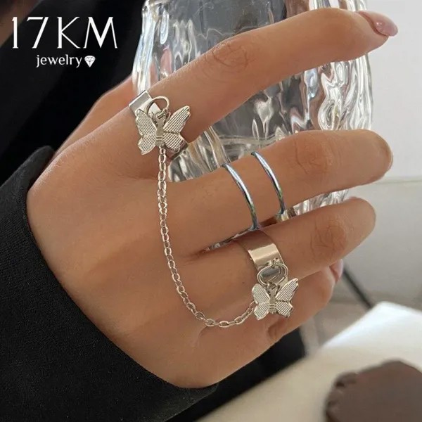 Готическая бабочка Длинная цепочка Кольца Набор для женщин Мода Сплав Регулируемый открытый палец Кольцо Партия Подарки Ювелирные изделия