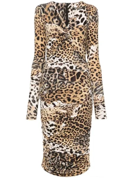 Платье с принтом Jaguar Skin и сборками Roberto Cavalli, бежевый