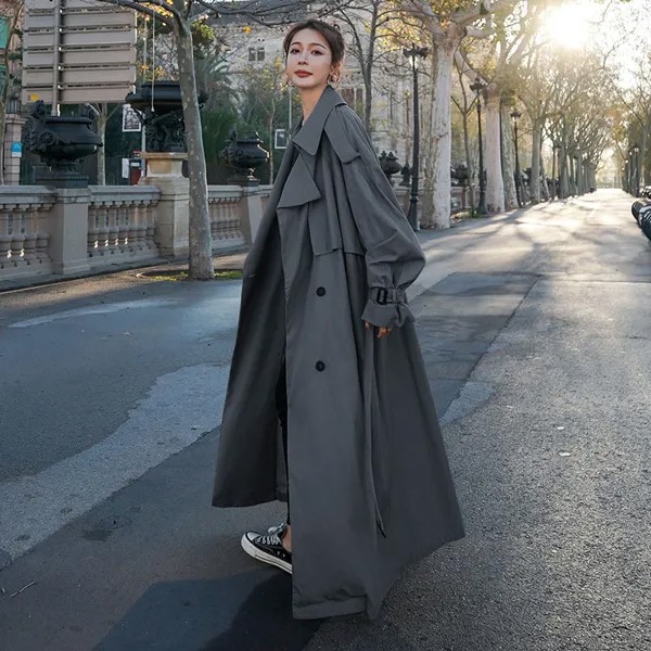 Женский свободный дождевик X-long в Корейском стиле, двойной плащ, дождевик с поясом, ветровка на весну и осень, дамский плащ, серое пальто Y2K