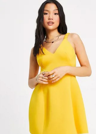 Золотистое платье мини с расклешенной юбкой и оборками на резинке ASOS DESIGN Petite-Золотистый