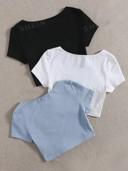 SHEIN EZwear 3 шт. однотонная приталенная футболка с круглым вырезом и короткими рукавами, пыльный синий
