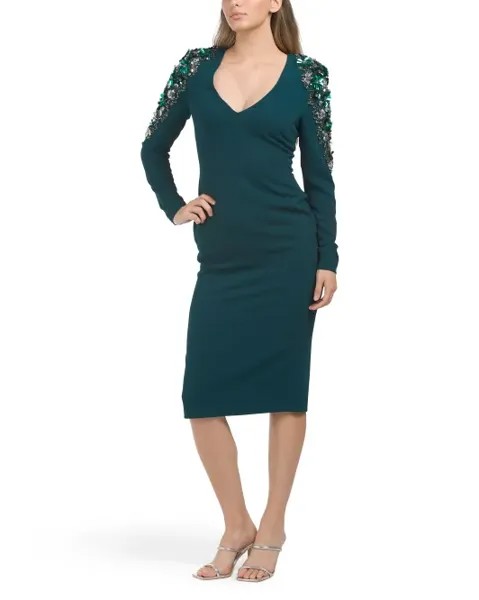 Платье с длинными рукавами и украшенными плечами Badgley Mischka, цвет Teal