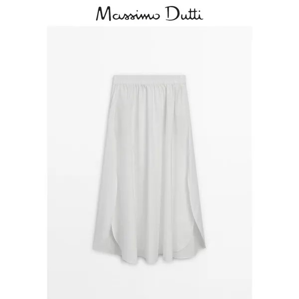 Летняя новинка Massimo Dutti 2024, женская романтическая садовая стильная минималистичная темпераментная белая эластичная талия, юбка-зонтик из чистого хлопка, юбка 05292751250, цвет Белый