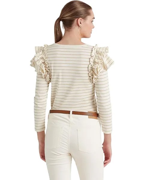 Топ LAUREN Ralph Lauren Metallic Striped Ruffle-Trim Knit Top, цвет Mascarpone Cream/Gold