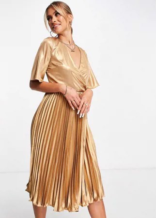 Атласное плиссированное платье миди золотистого цвета TFNC-Золотистый