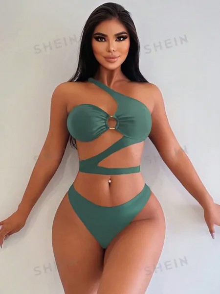 SHEIN Swim BAE Элегантный сексуальный комплект бикини на одно плечо с вырезом, армейский зеленый