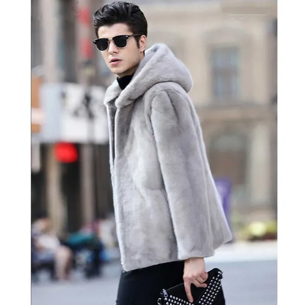 Мужское меховое пальто, роскошное Норковое Пальто, зимняя куртка, меховая парка, мужское меховое пальто, искусственная кожа, облегающее Укороченное пальто с капюшоном